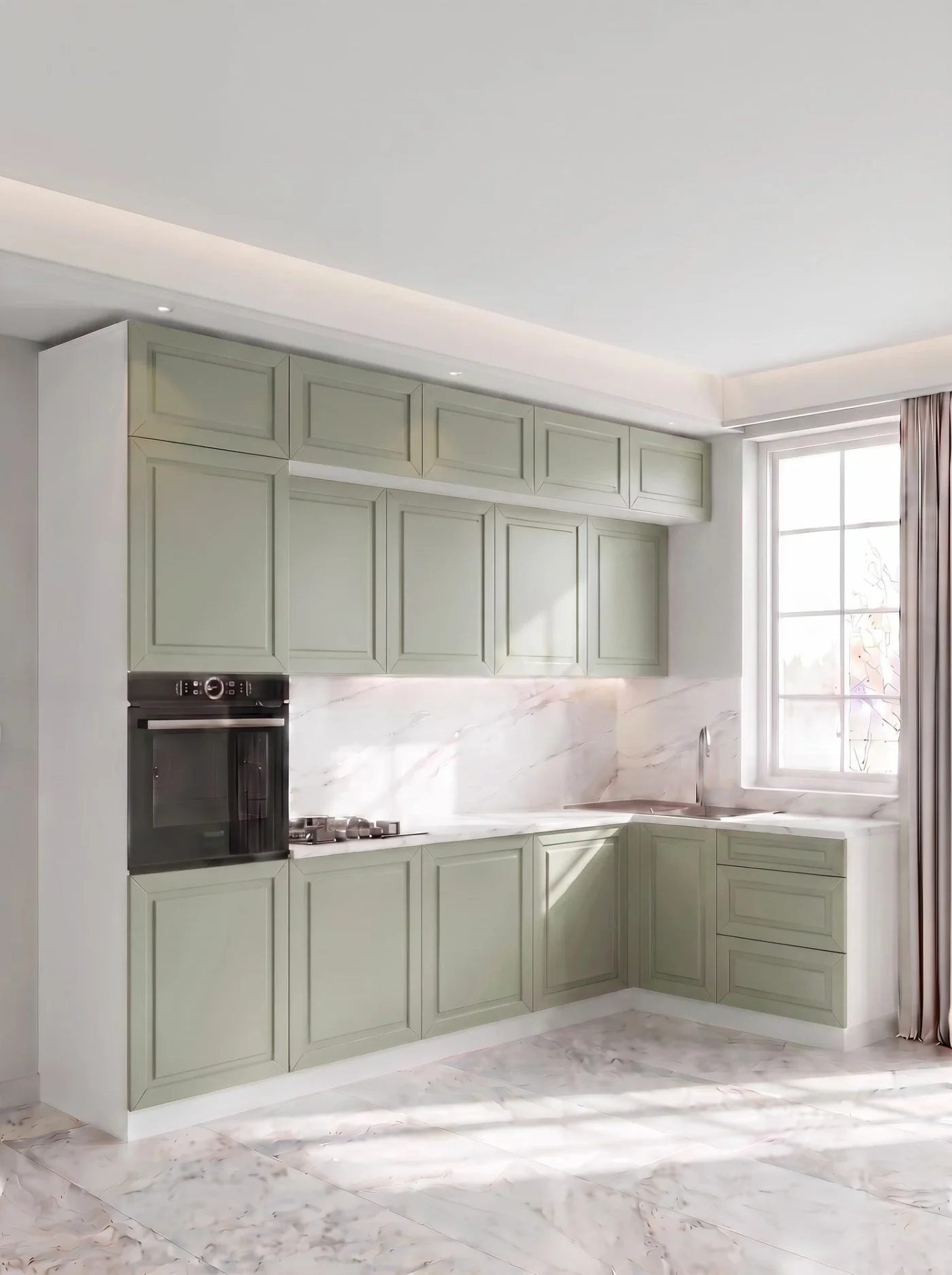 Кухонный гарнитур угловой Луиза 3х1,6м эмаль с фрез. шалфей, белый, игни